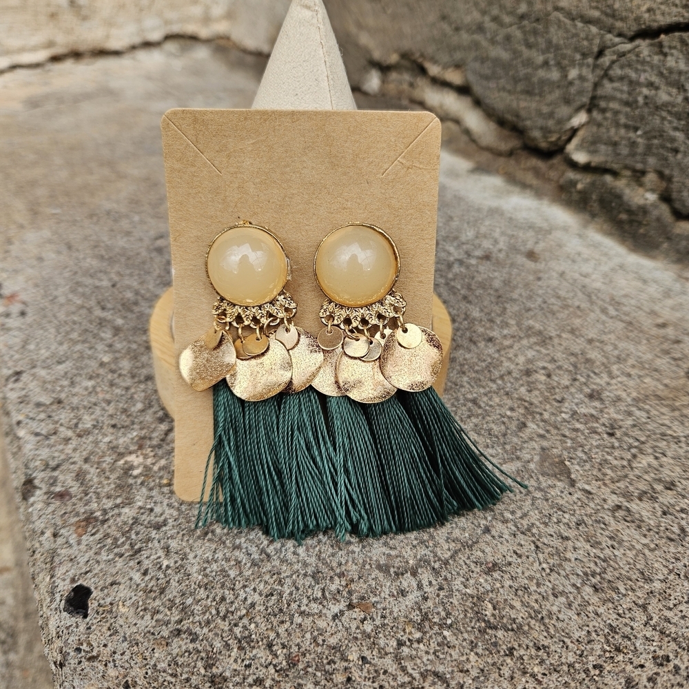 Gold and Green Tassel Statement Earrings Chunky Women's Jewelry